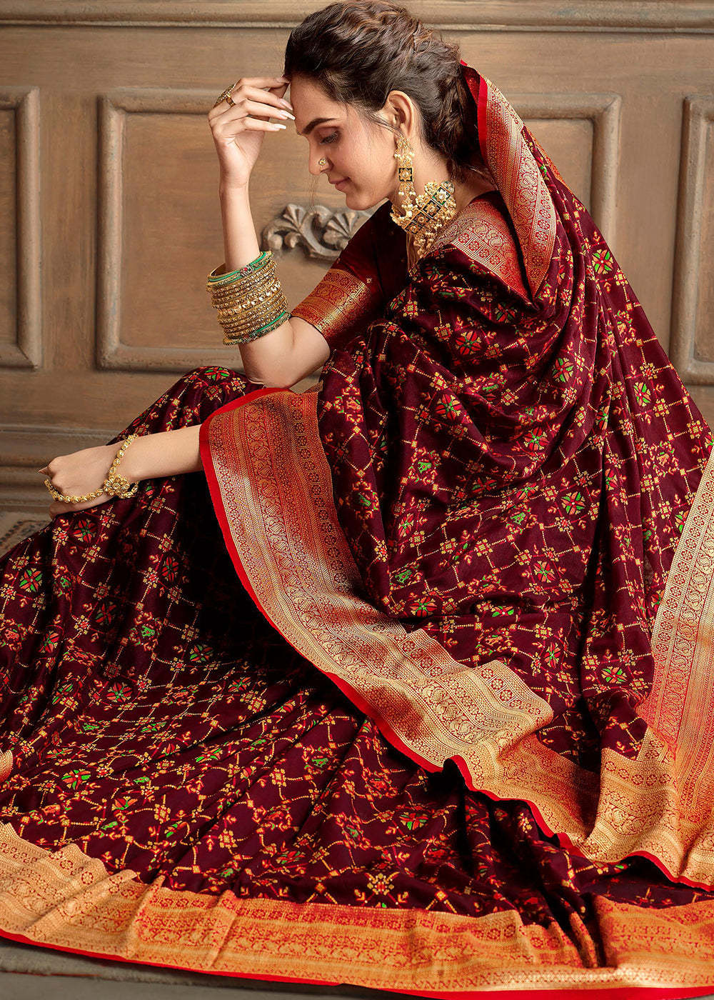 Heath Brown and Red Zari Woven Banarasi Saree