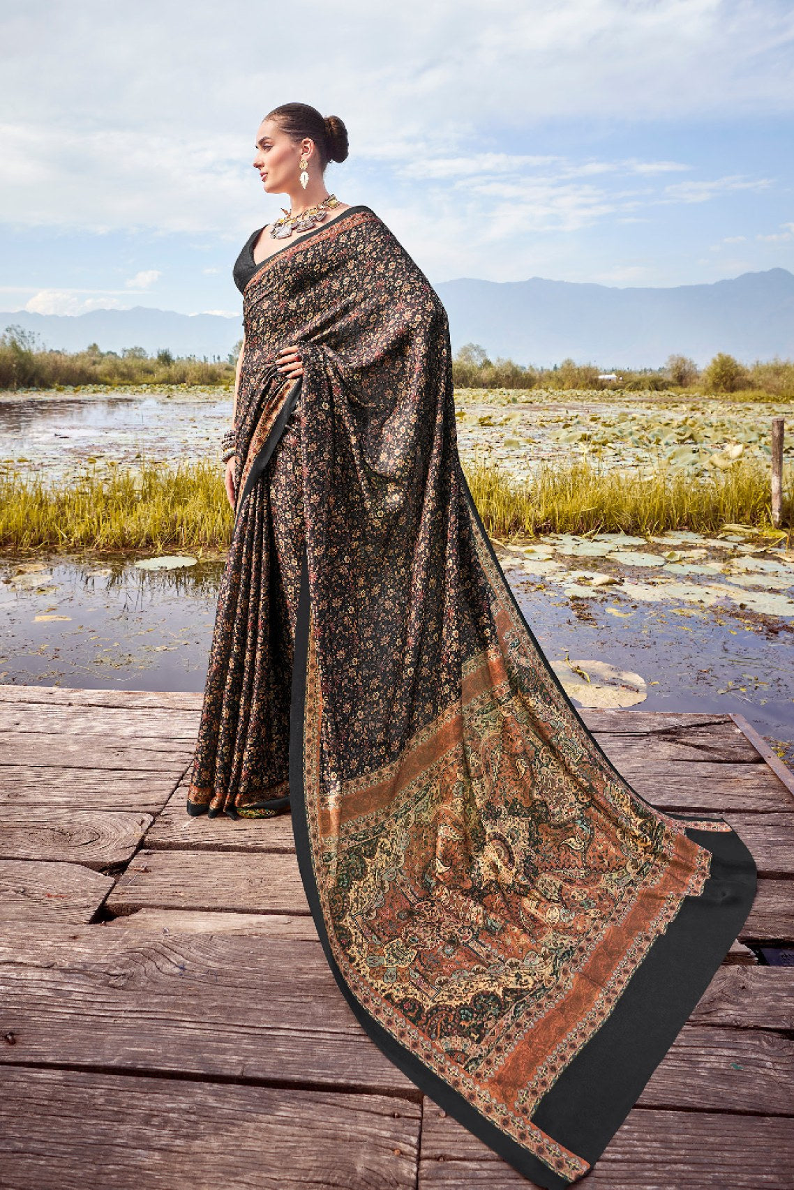 Cape Cod Black Printed Pashmina Silk Saree