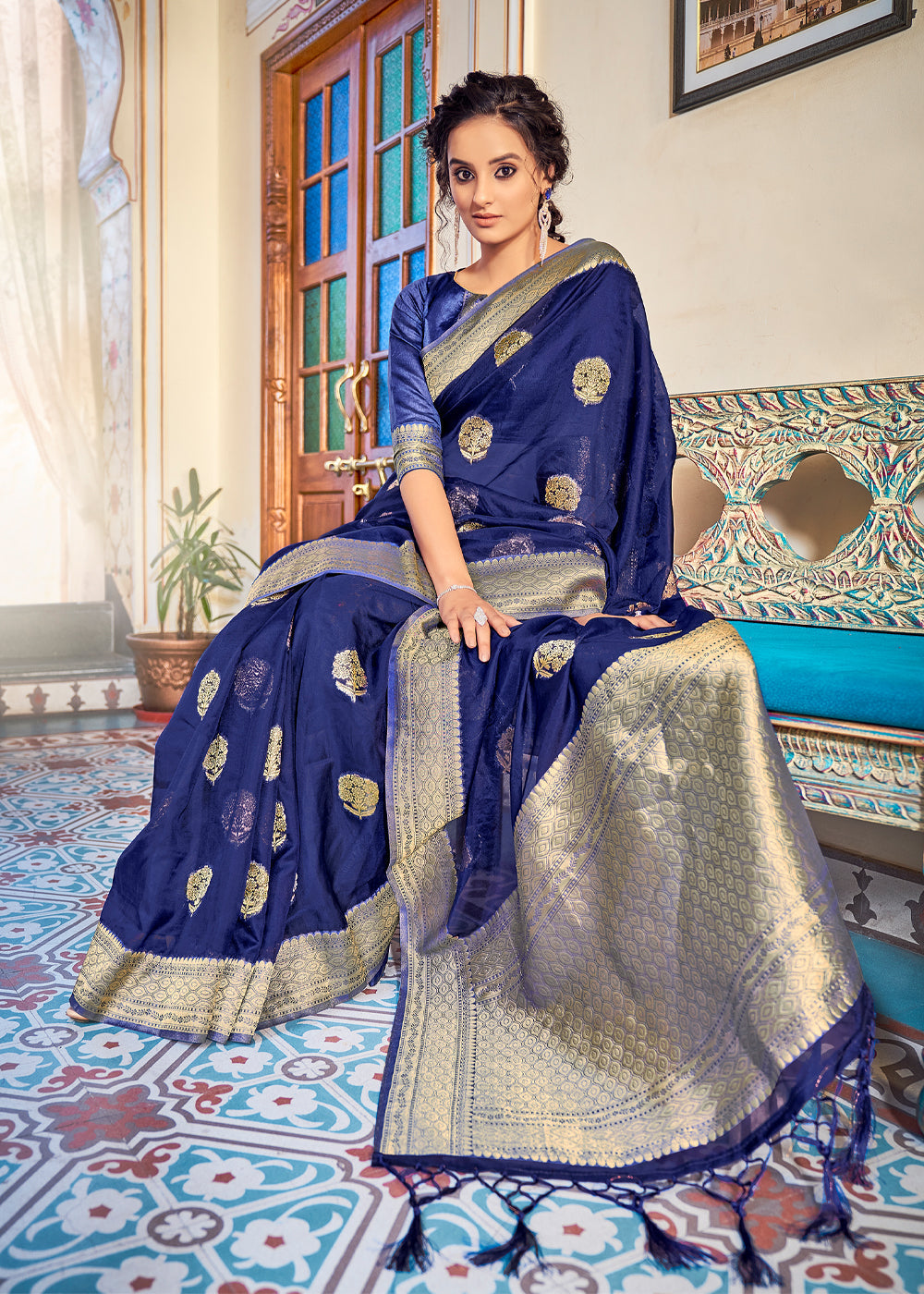 East Bay Blue Zari Woven Banarasi Organza Saree