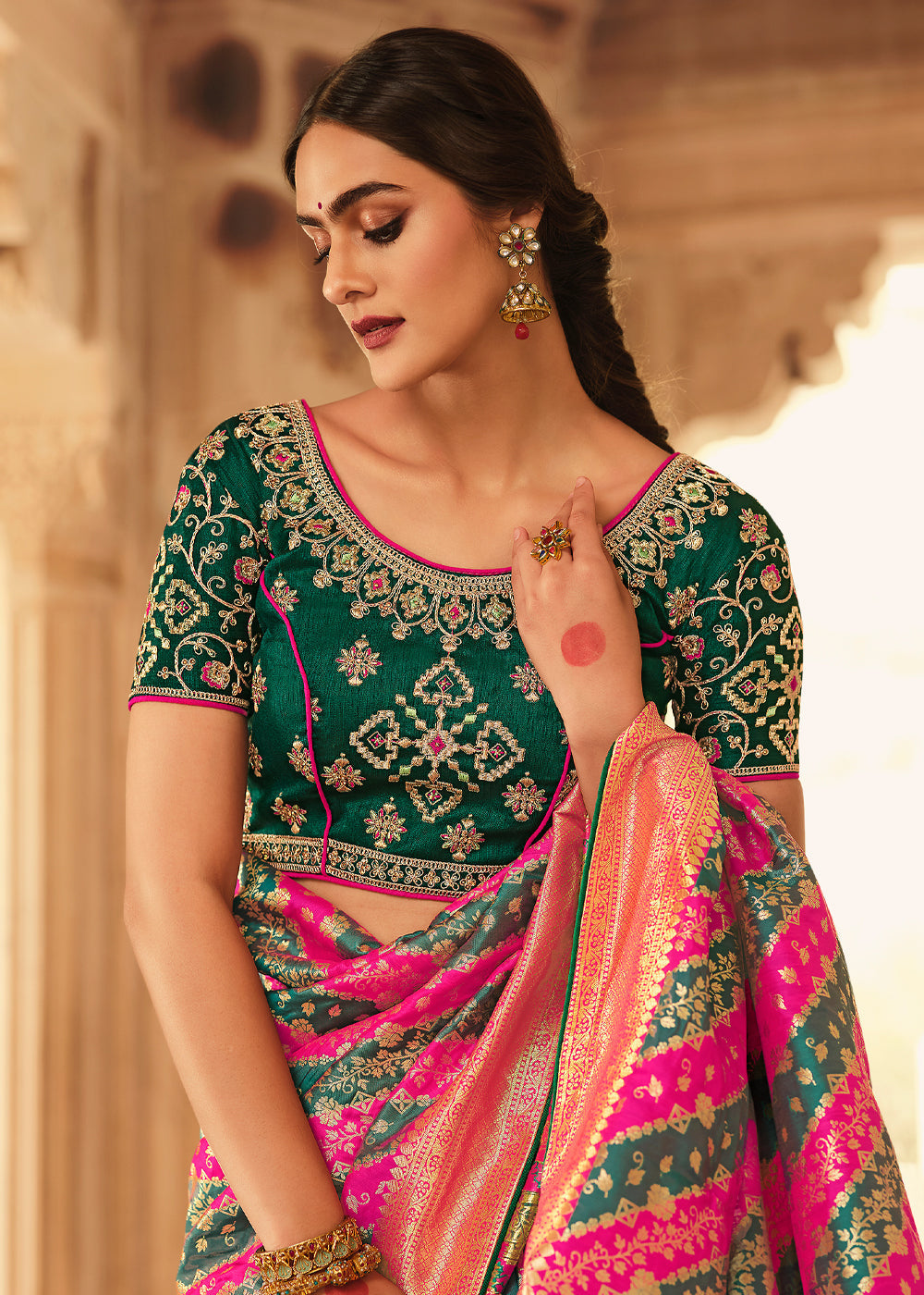 Cedar Pink and Green Zari Woven Striped Banarasi Saree with Designer Blouse