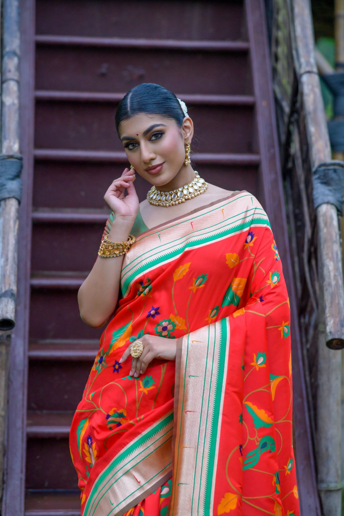 Pomegranate Red Banarasi Paithani Silk Saree