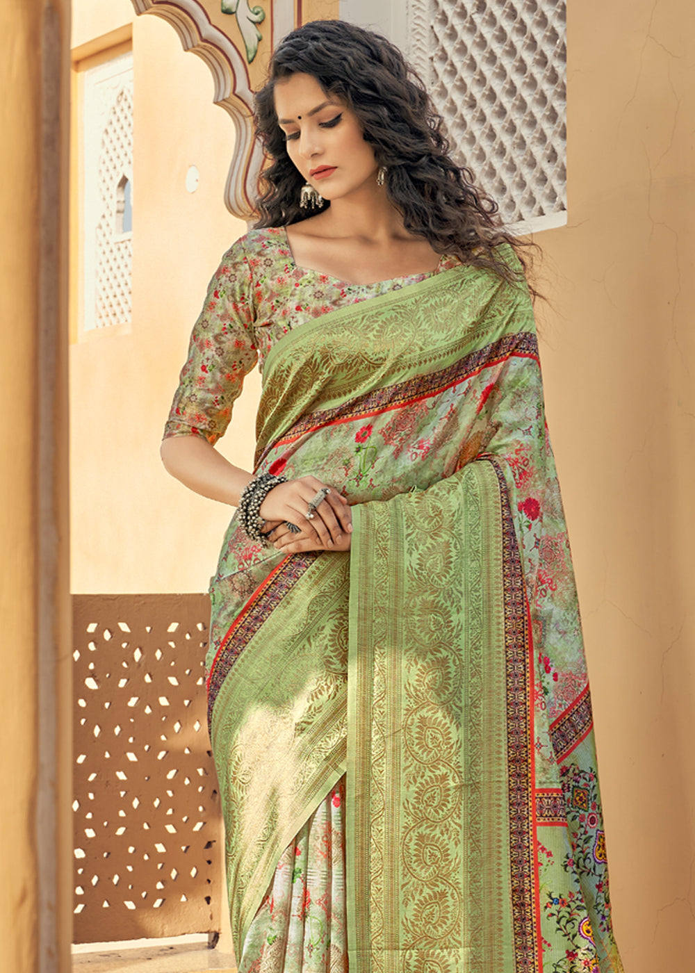 Barley Green Digital Printed Jacquard Silk Saree