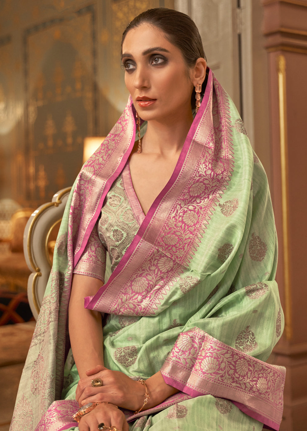 Swamp Green Zari Woven Banarasi Linen Saree