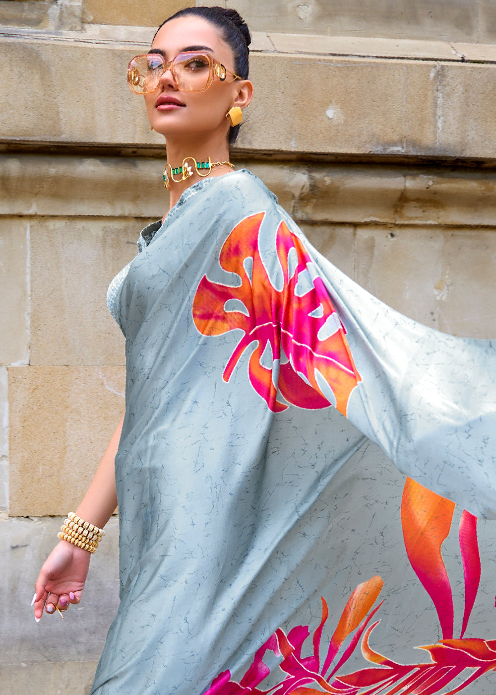 Nepal Blue Printed Satin Crepe Sarees