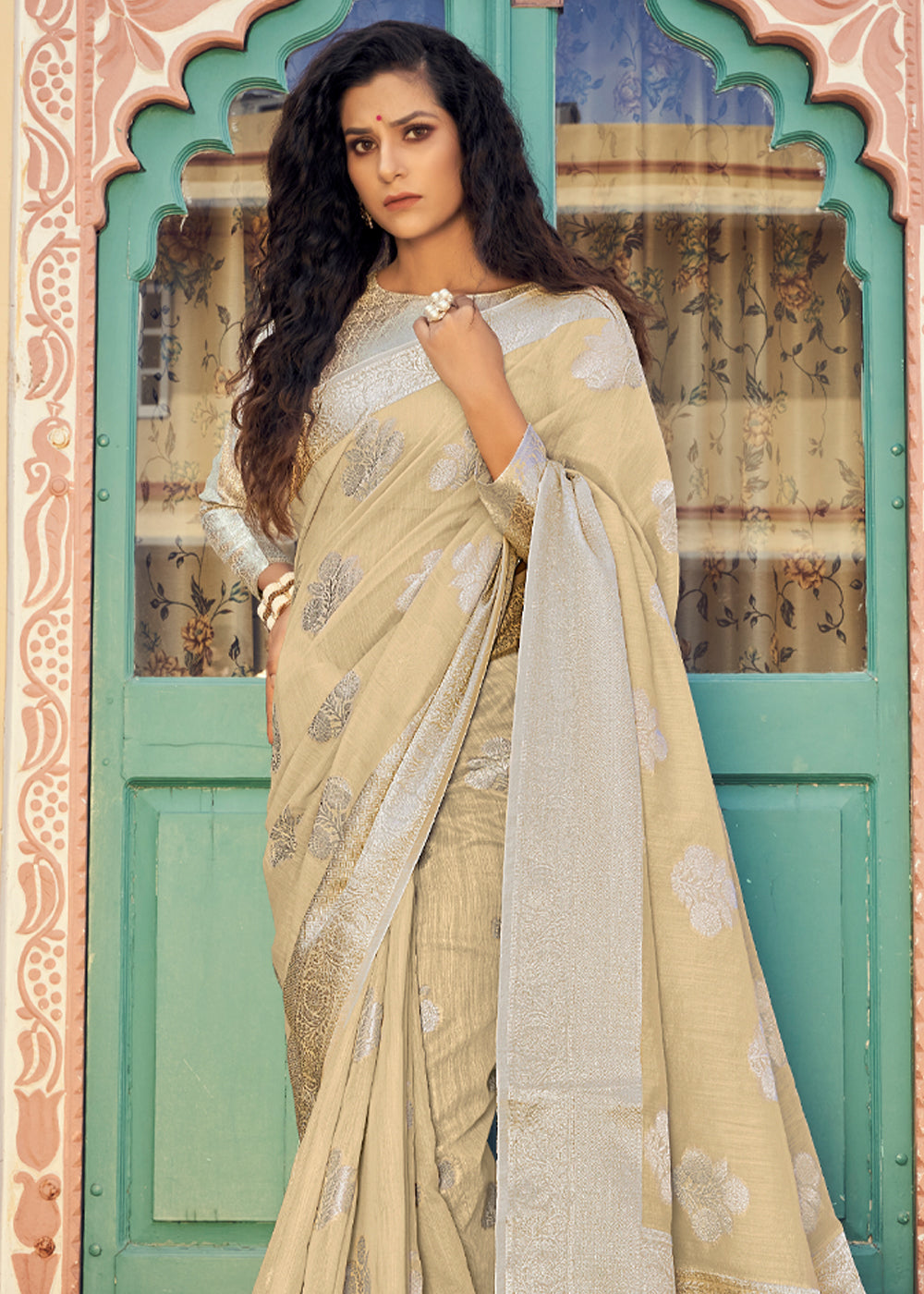 Straw Cream Zari Woven Banarasi Linen Saree