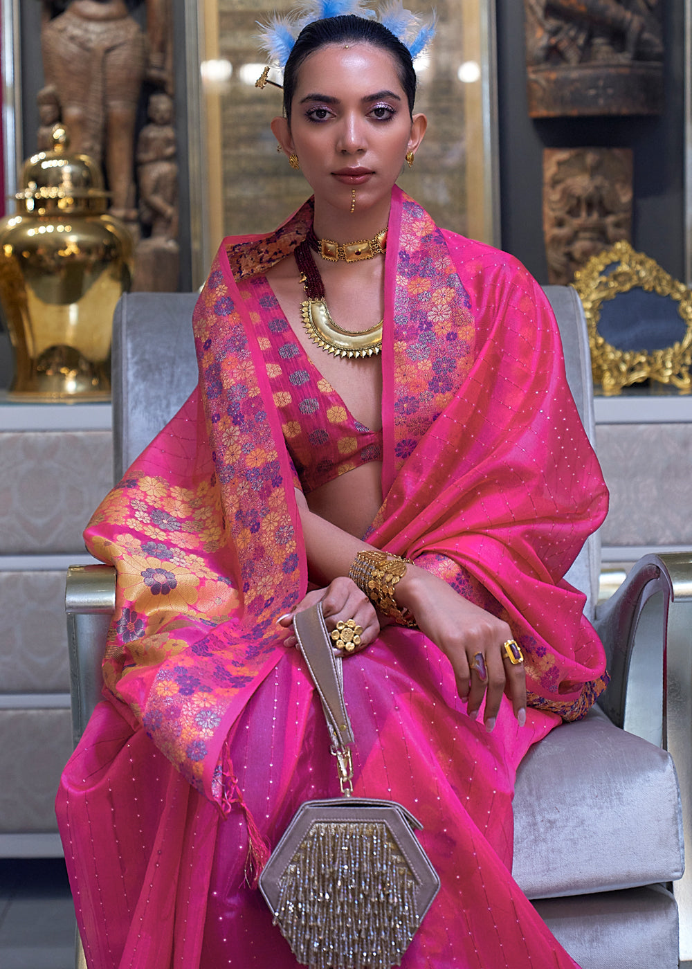 Hot Pink Woven Dual Tone Organza Banarasi Silk Saree