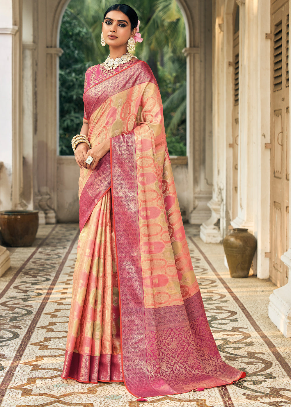 Copperfield Peach Woven Organza Banarasi Silk Saree