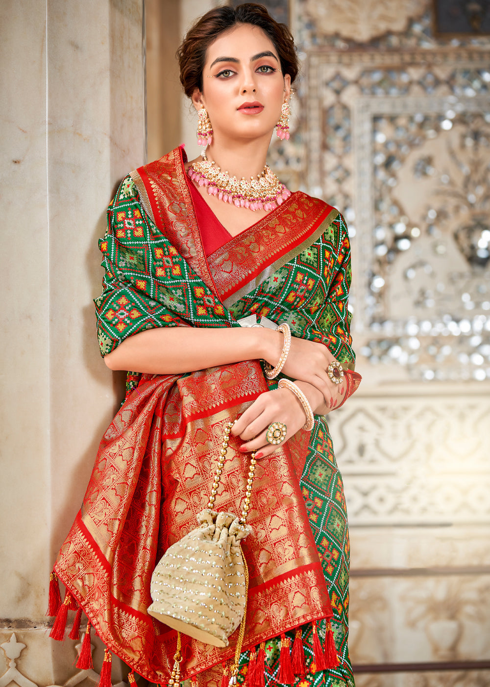 Kelp Green and Red Zari Woven Patola Saree