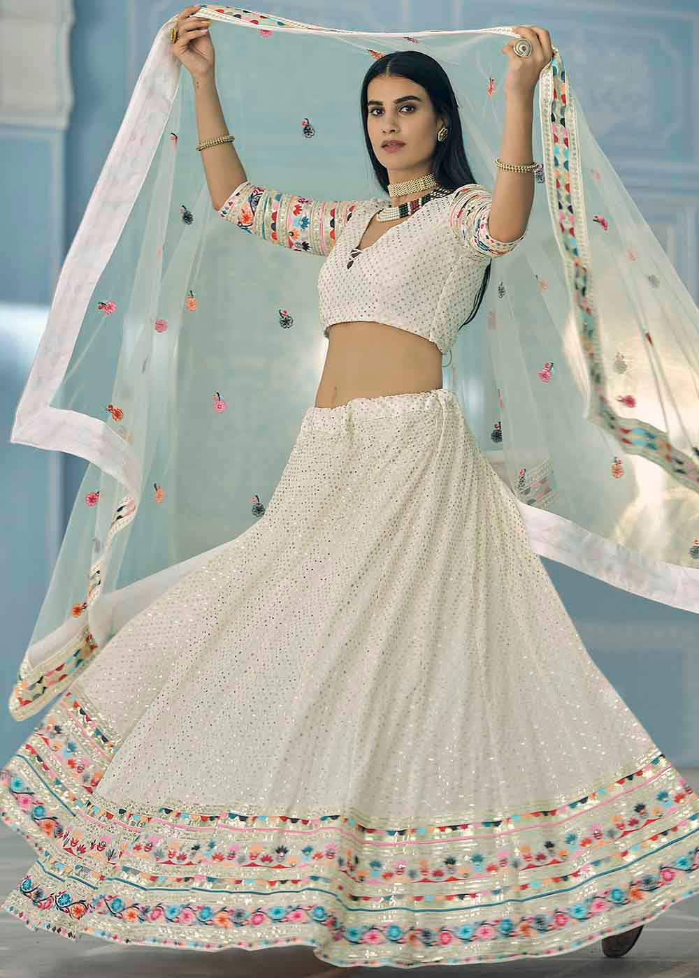 Swirl White Georgette Lehenga Choli