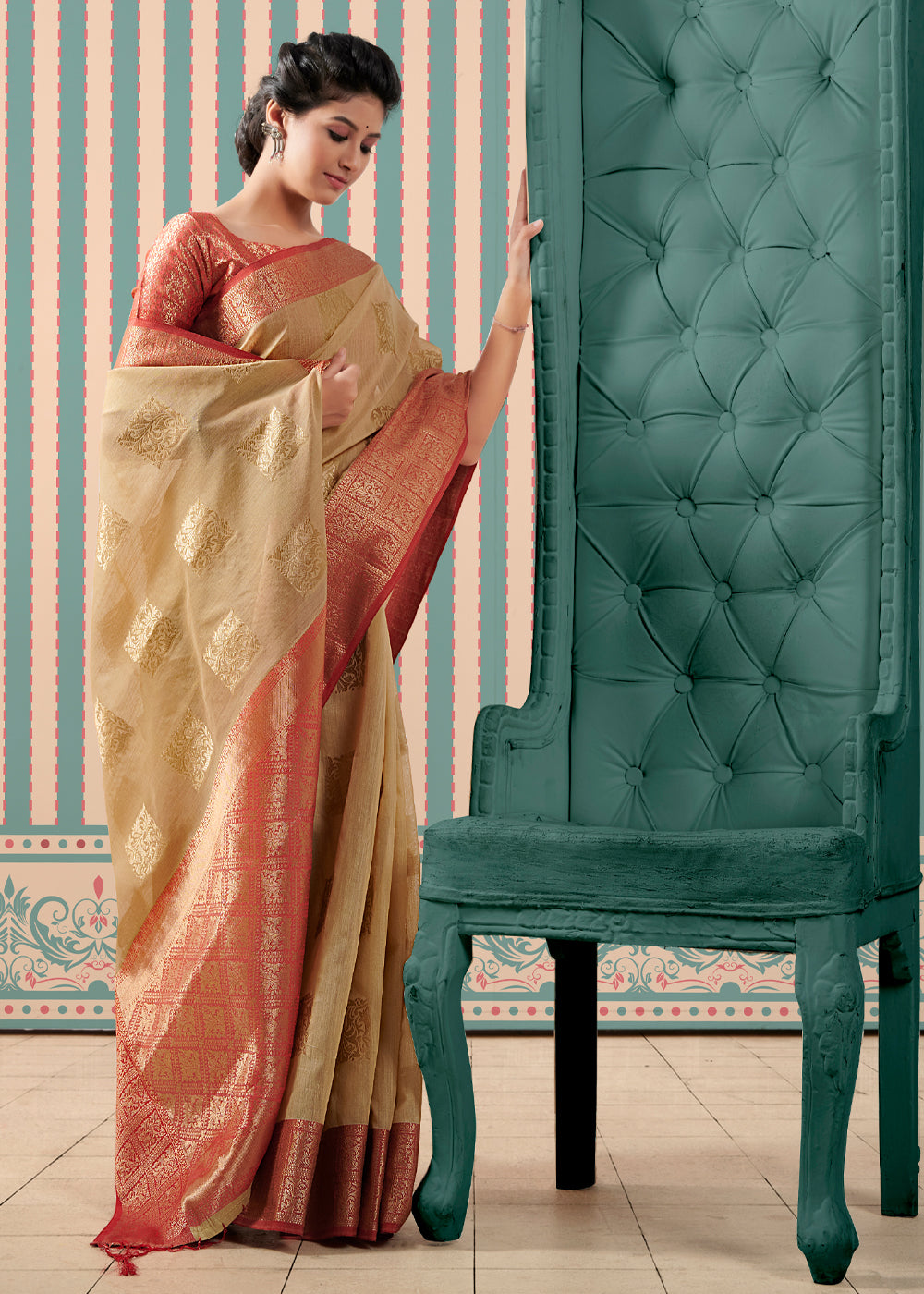 Muddy Water Cream Zari Woven Banarasi Brocade Linen Saree