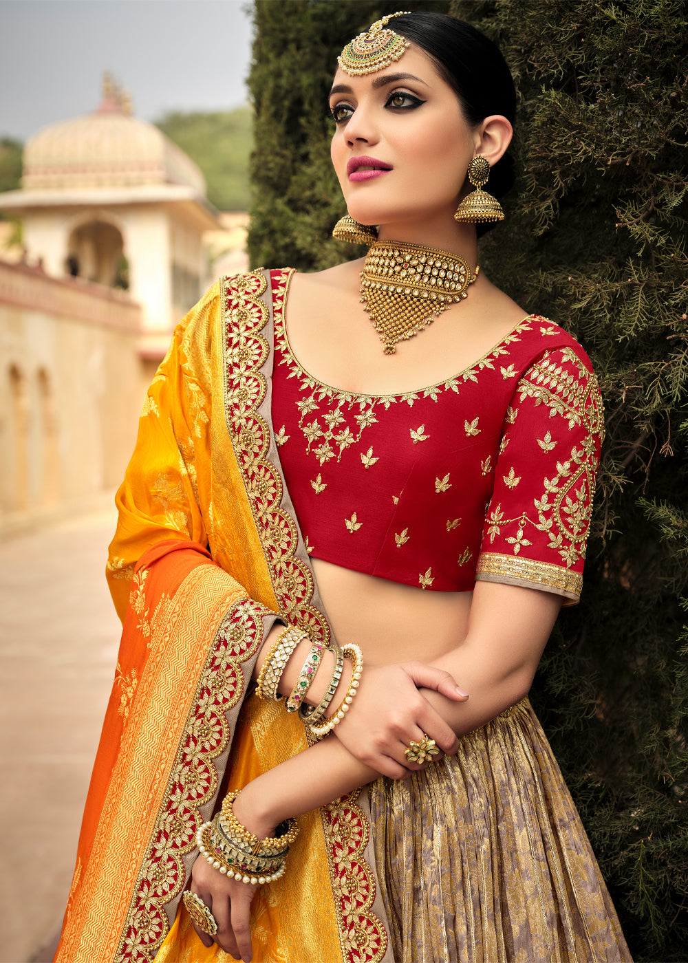 Beaver Brown and Orange Heavy Embroidered Lehenga