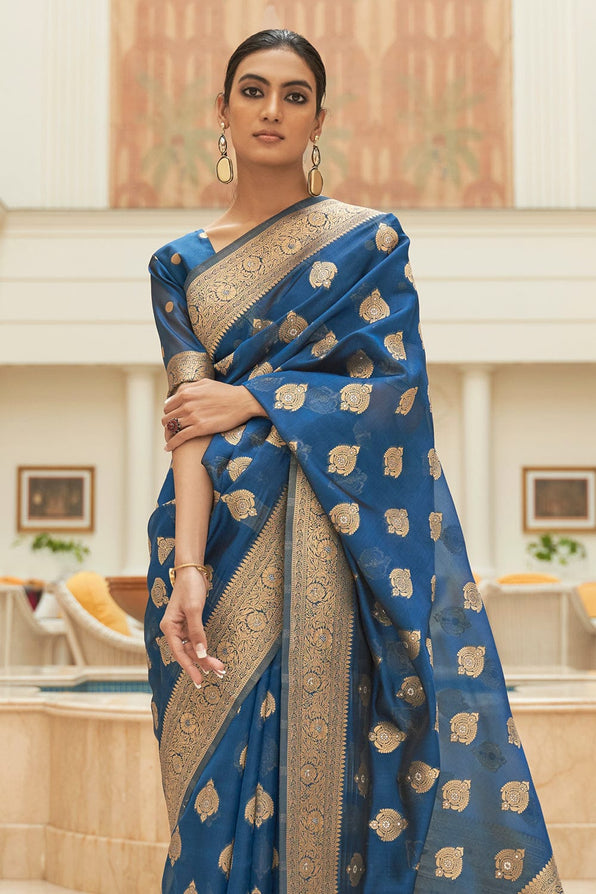 San Marino Blue Zari Woven Organza Silk Saree