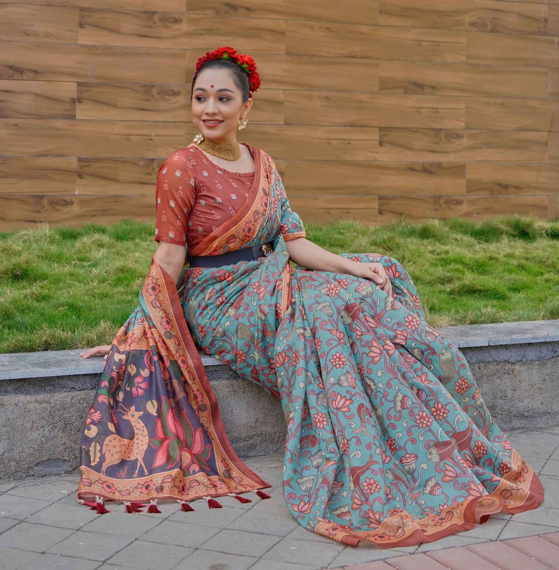 Blue Bell Cotton Kalamkari Printed Saree