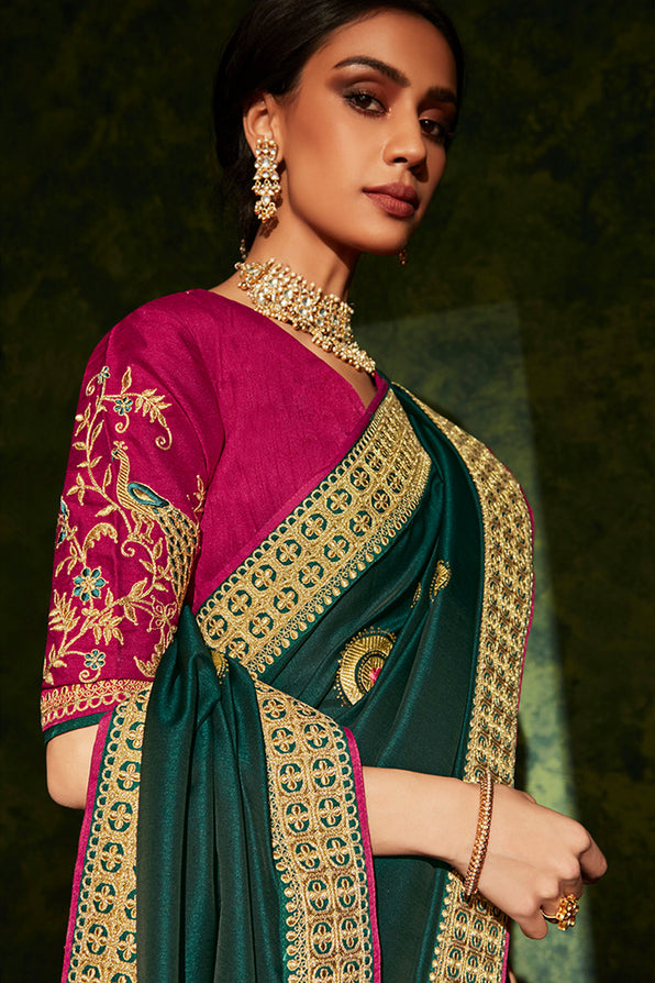 Plantation Green and Pink South Silk Saree