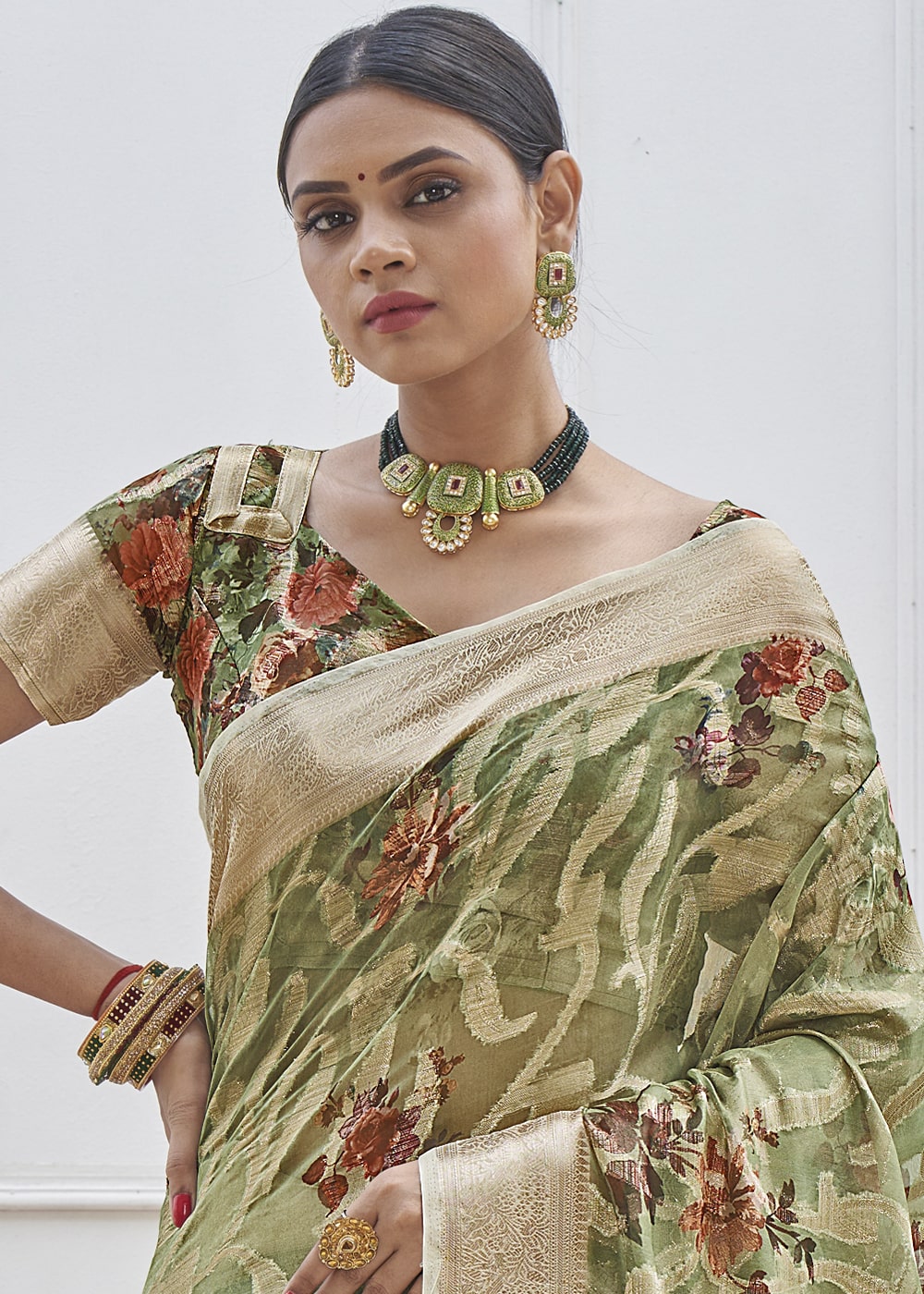 Sage Green Digital Printed Organza Silk Saree