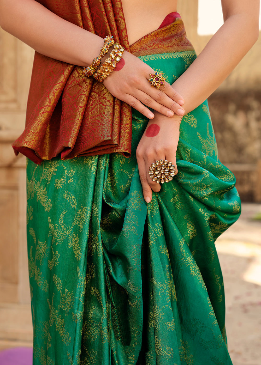 Goblin Green & Red Zari Woven Kanjivaram Saree