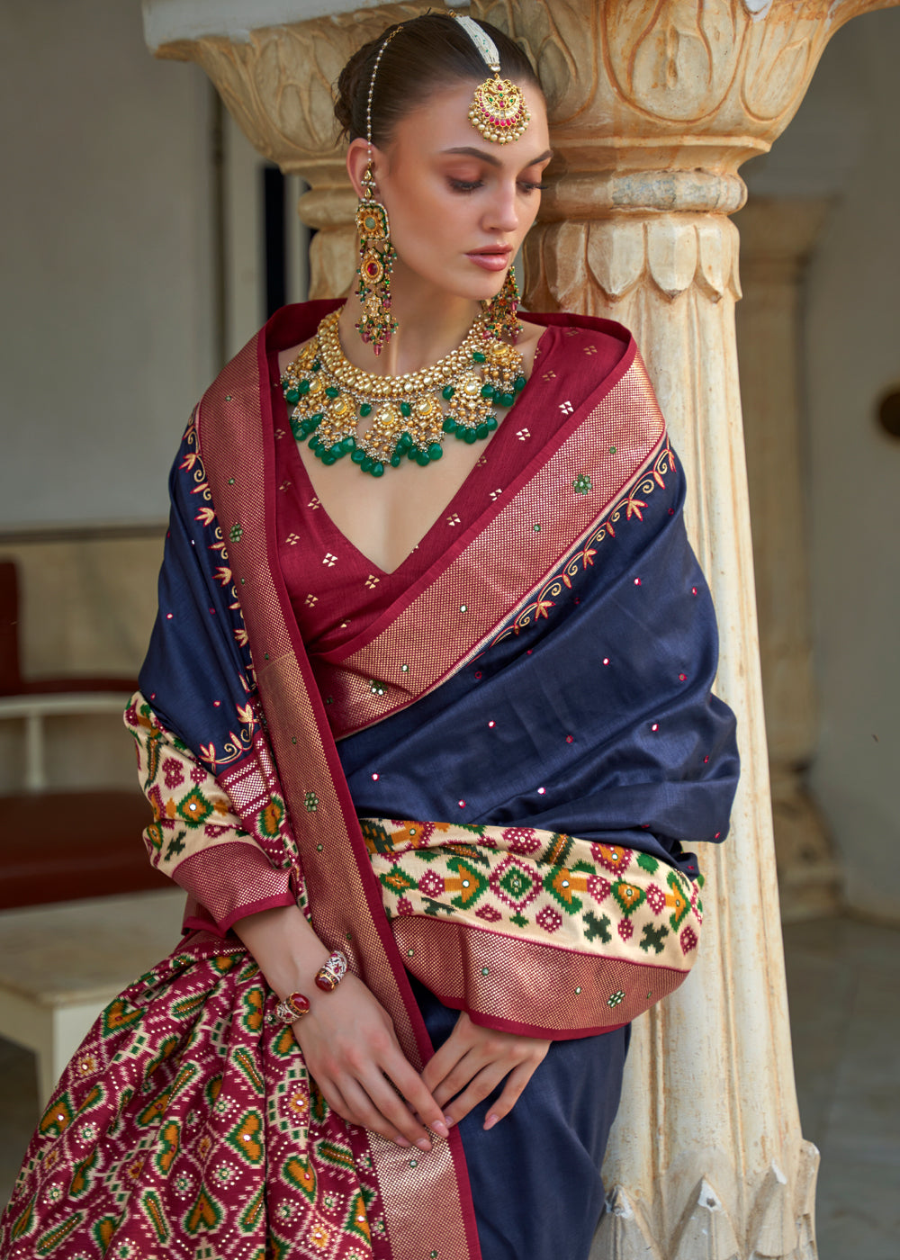 Martinique Blue and Red Woven Patola Silk Saree