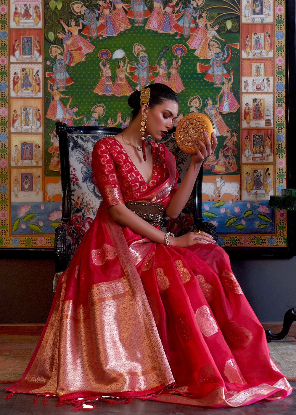 Rose Pearl Red Woven Banarasi Organza Silk Saree