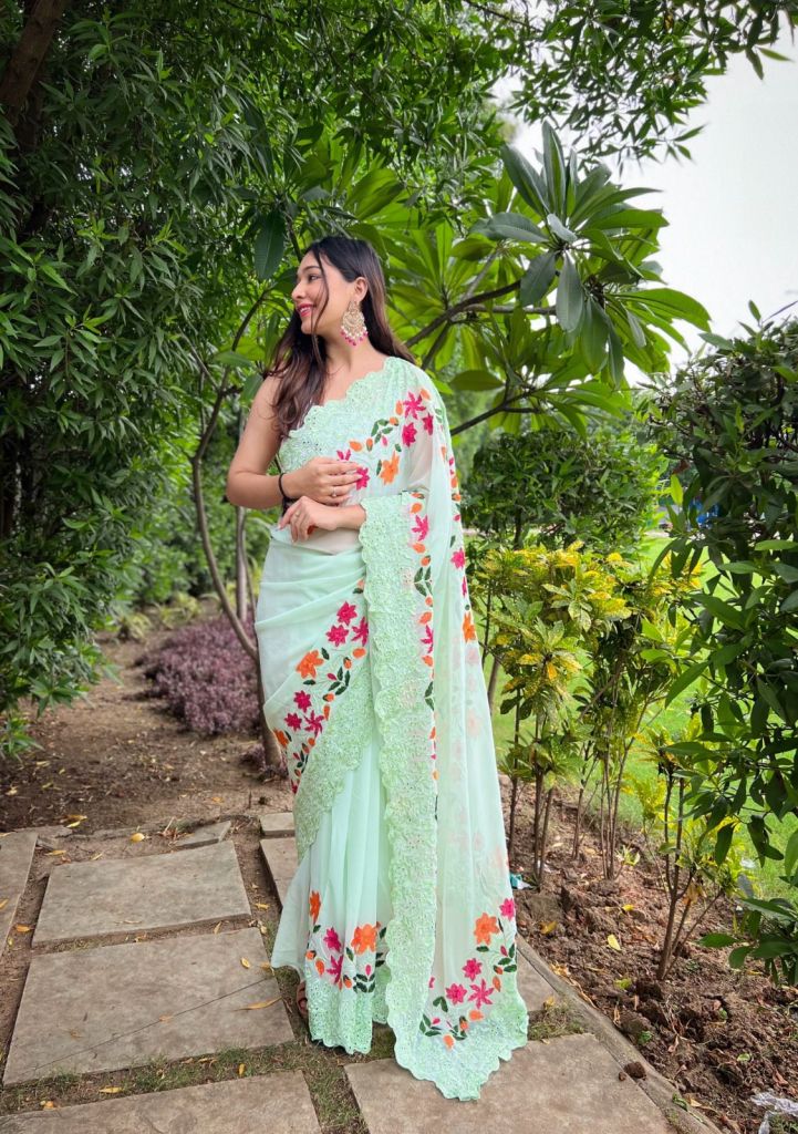 Skeptic Green Georgette Embroidered Woven Thread and Shiffli Work Saree