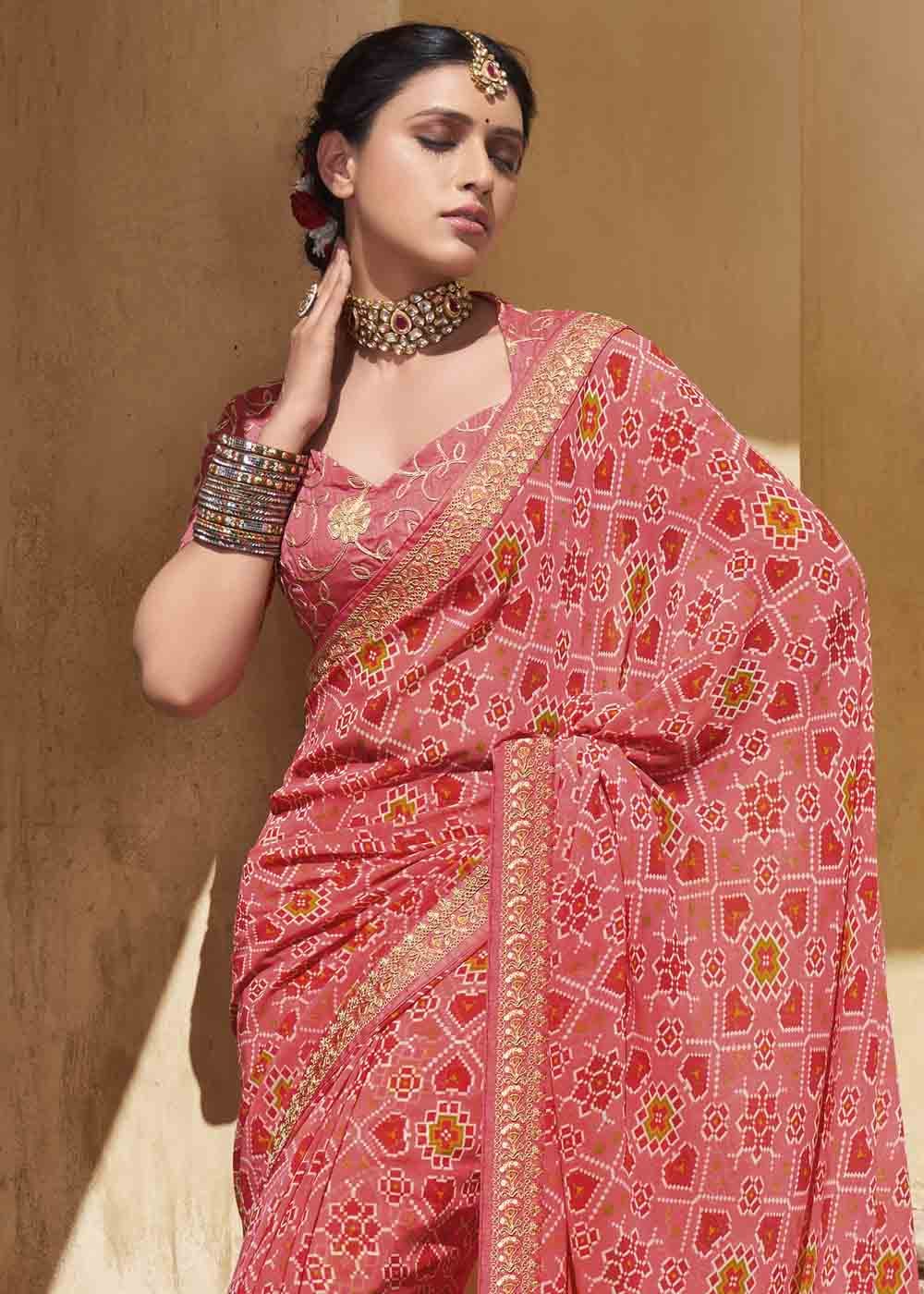 My Pink Patola Print Georgette Saree With Embroidered Blouse