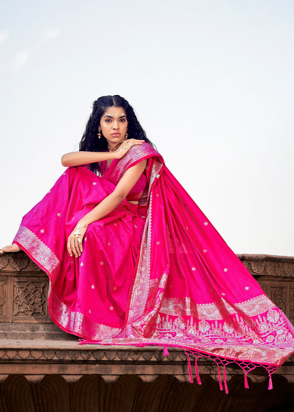 Rose Pink Woven Banarasi Satin Silk Saree