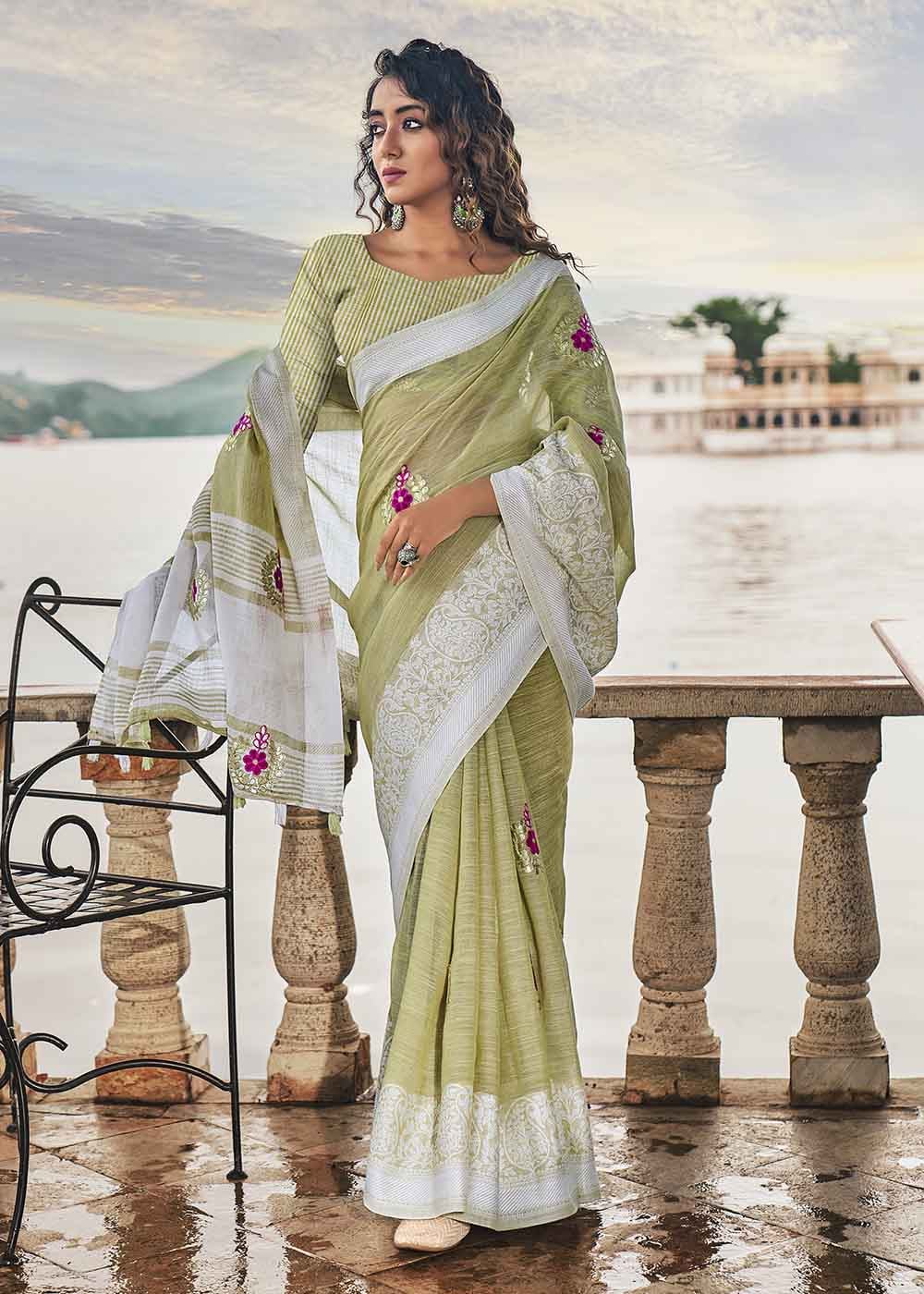 Misty Green Zari Woven Soft Linen Silk Saree