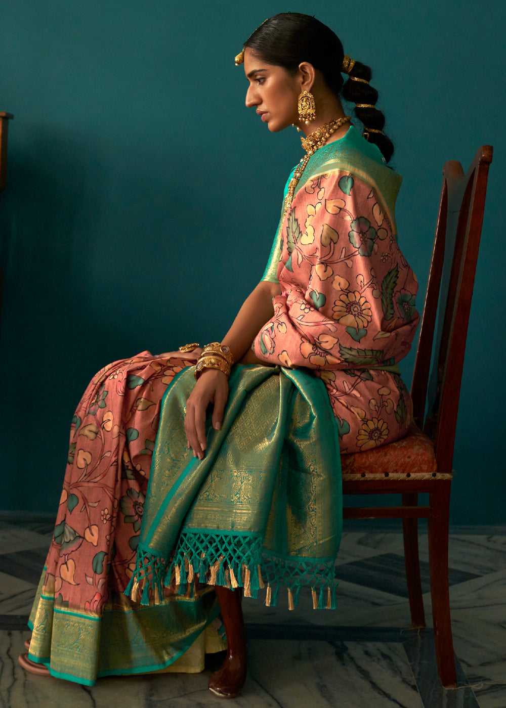 Copperfield Pink Woven Banarasi Tussar Silk Kalamkari Saree