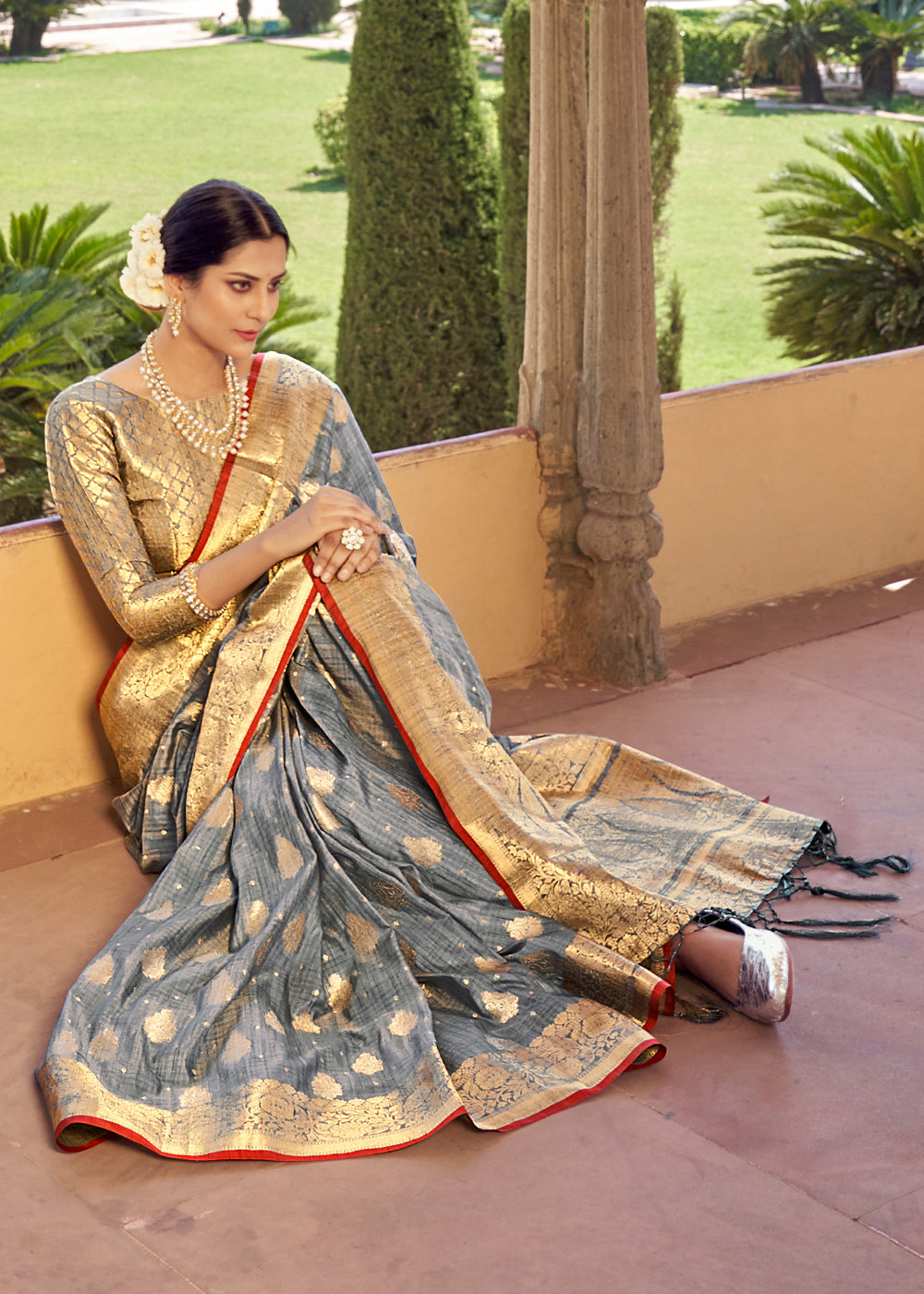 Silver Sand Grey Zari Woven Banarasi Linen Saree