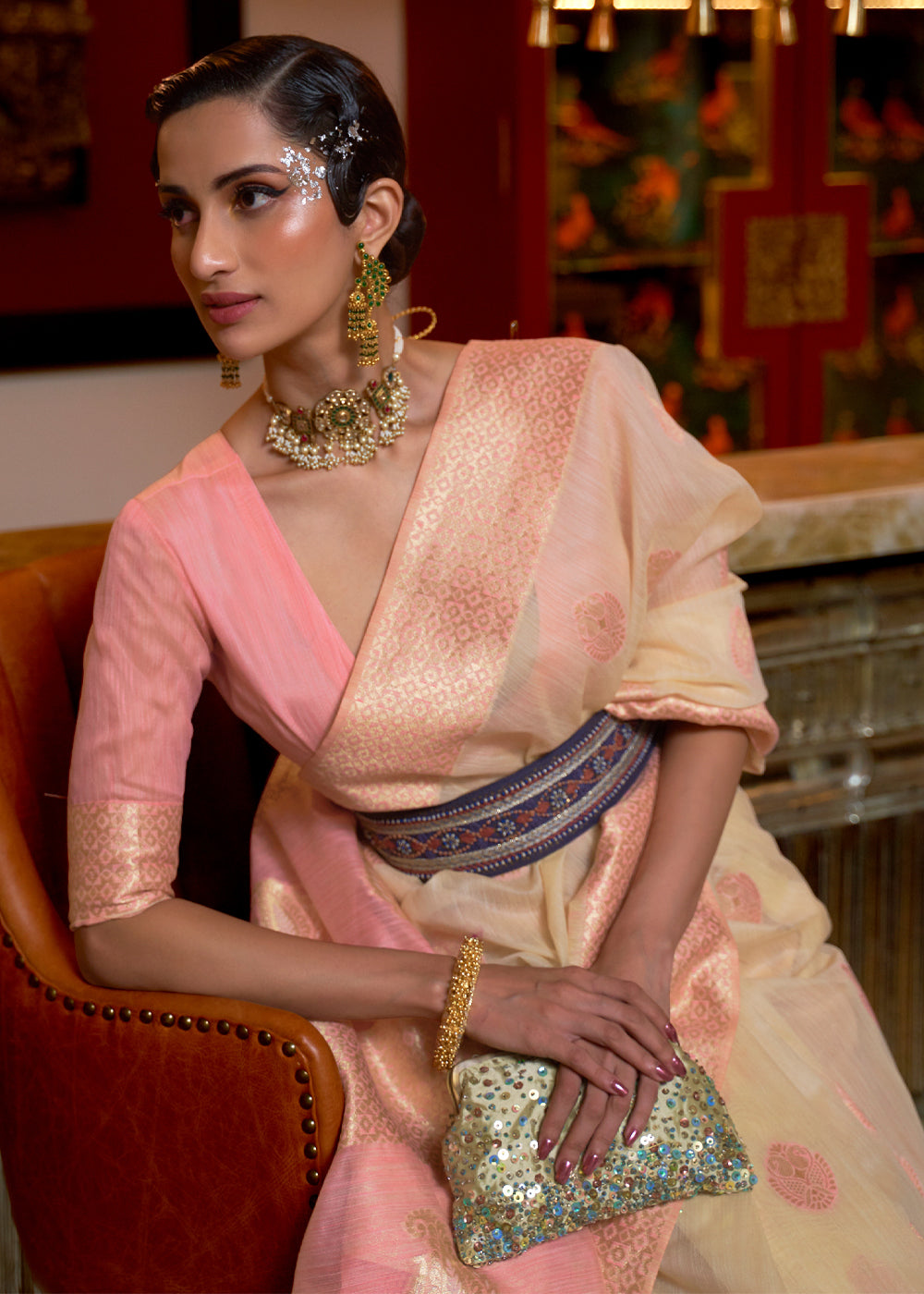 Tan Cream and Pink Zari Woven Linen Saree