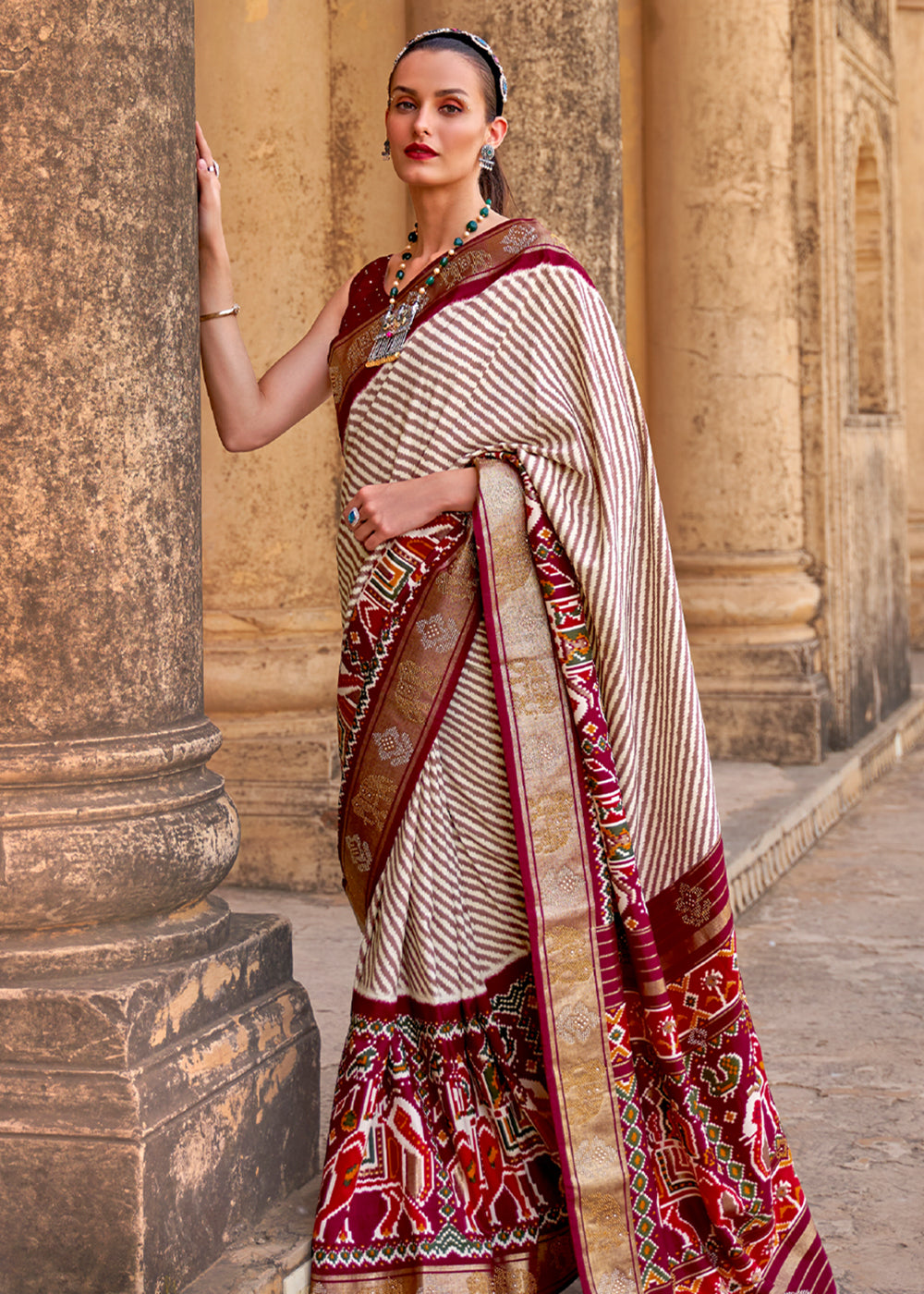 Espresso White and Brown Zari Woven Patola Saree