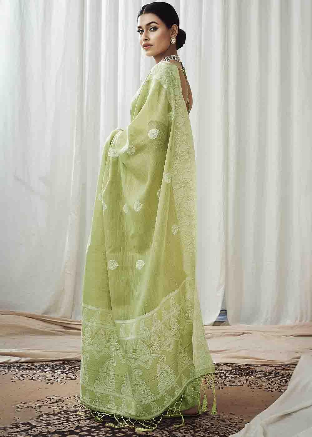 Misty Green Chikankari Linen Saree