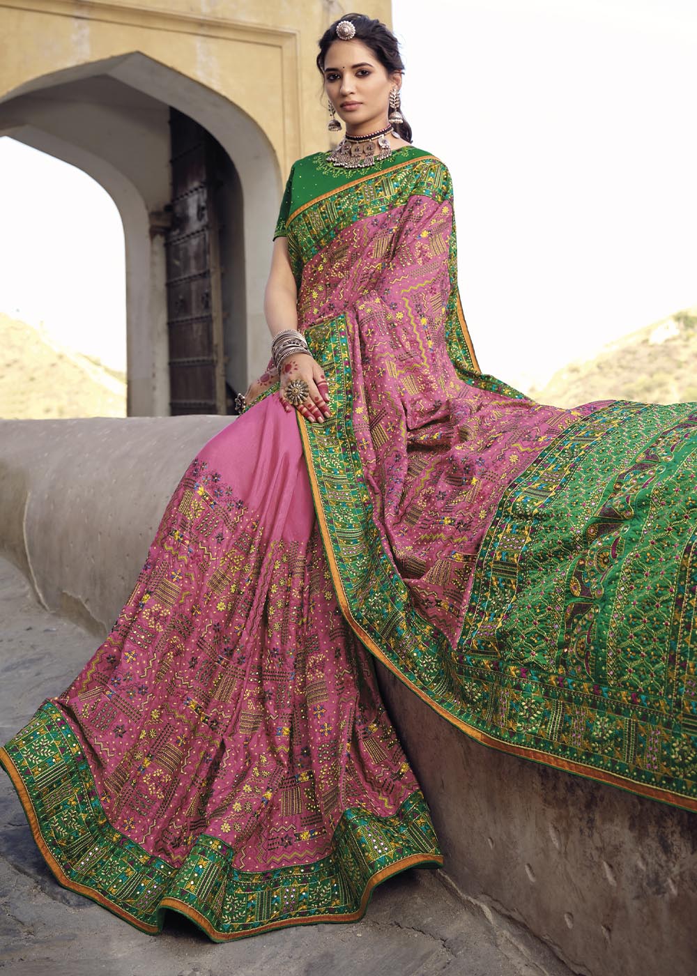 Contessa Pink and Green Banarasi Saree with Kachhi,Mirror and Diamond Work