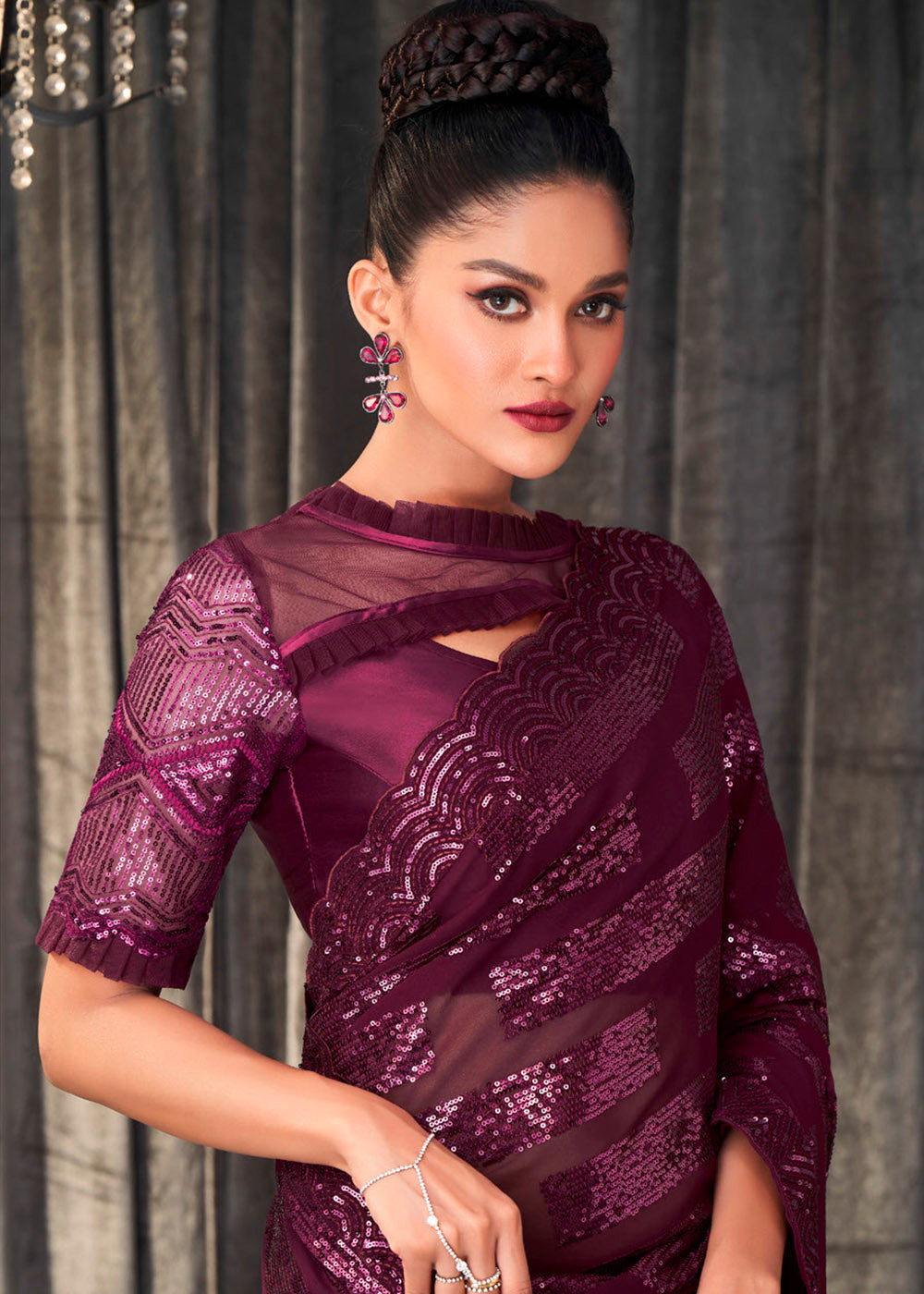 Cosmic Purple Sequins Embroidered Designer Georgette Saree