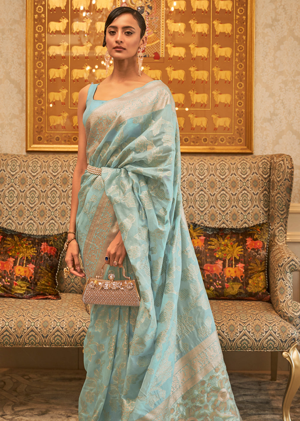 Powder Ash Blue Zari Woven Banarasi Cotton Saree