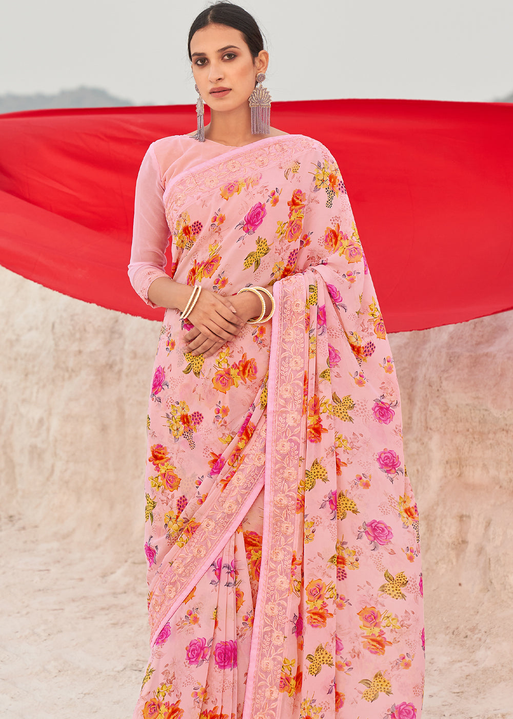 Seashell Pink Digital Printed Chiffon Saree