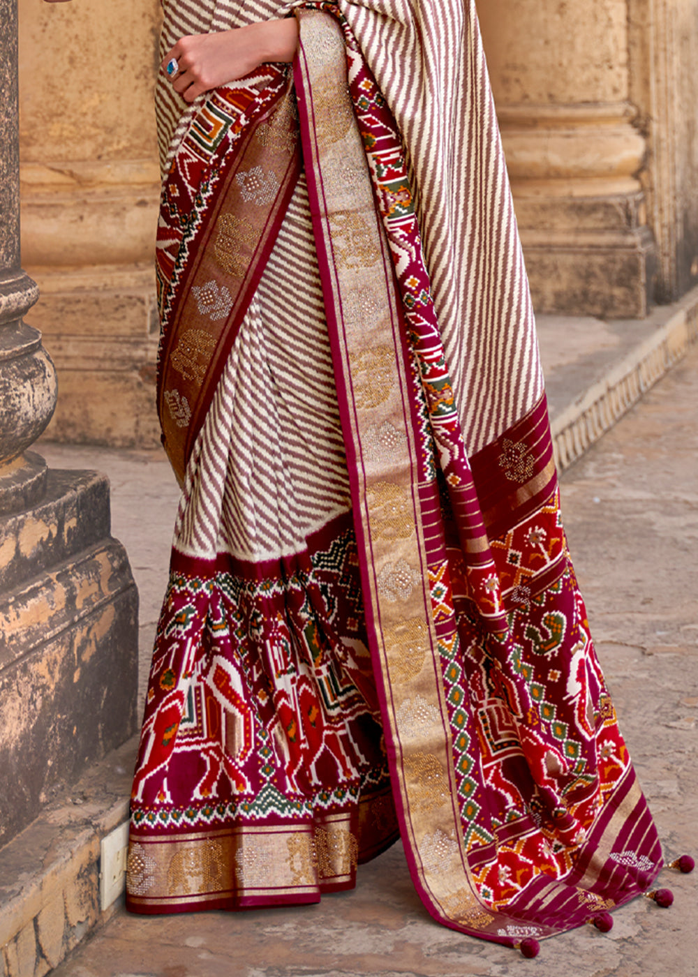 Espresso White and Brown Zari Woven Patola Saree