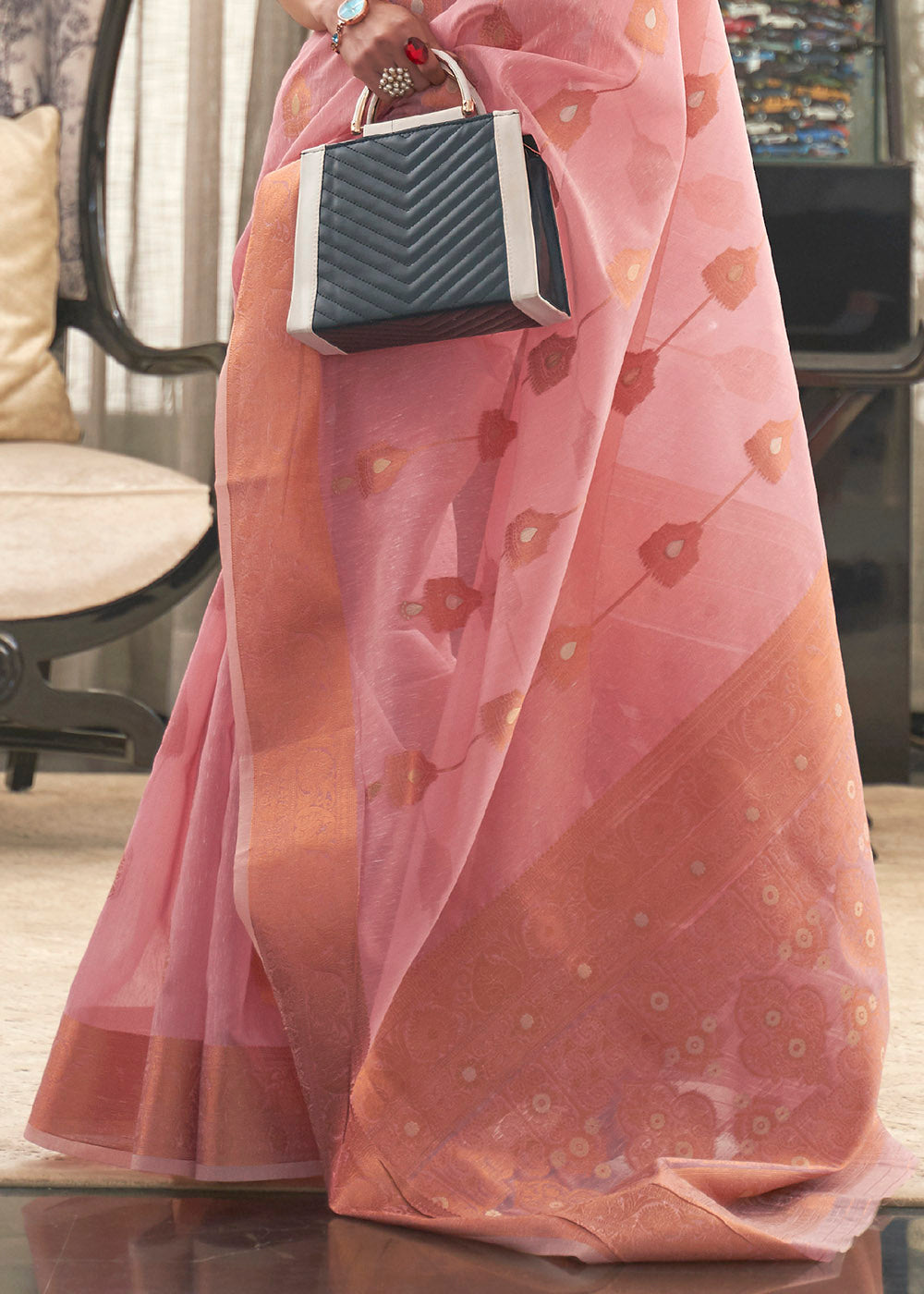 Orchid Pink Zari Woven Linen Saree