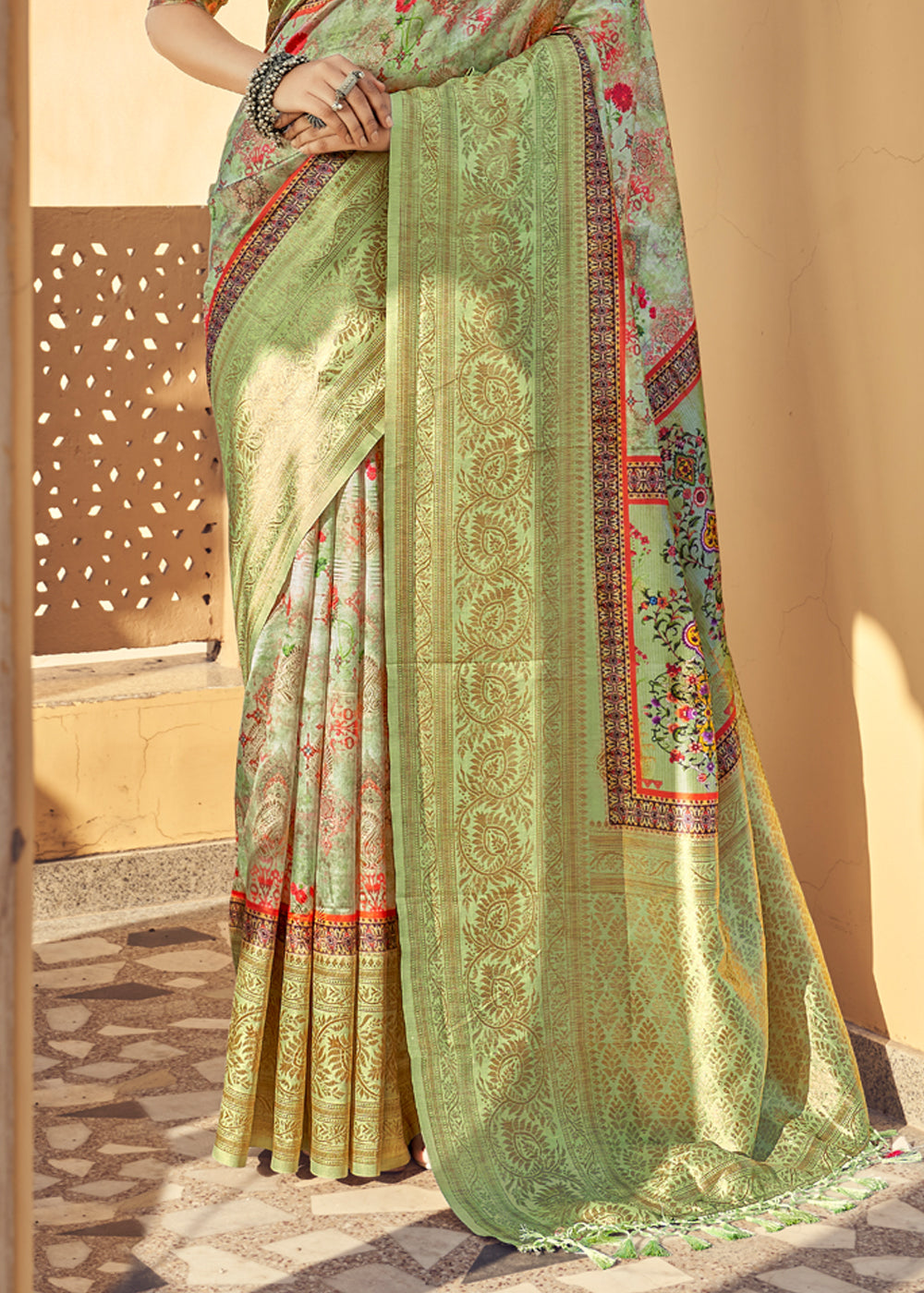 Barley Green Digital Printed Jacquard Silk Saree