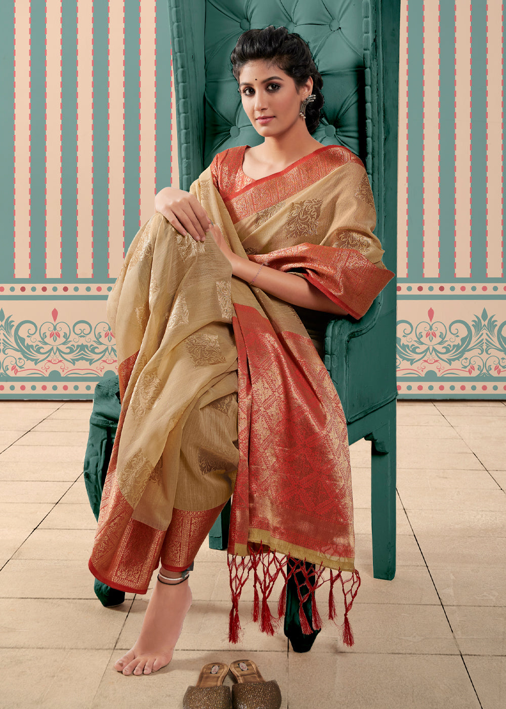 Muddy Water Cream Zari Woven Banarasi Brocade Linen Saree