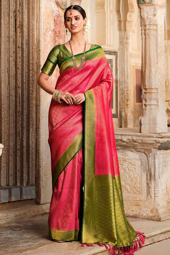 Mandy Pink and Green Zari Woven Kanjivaram Saree