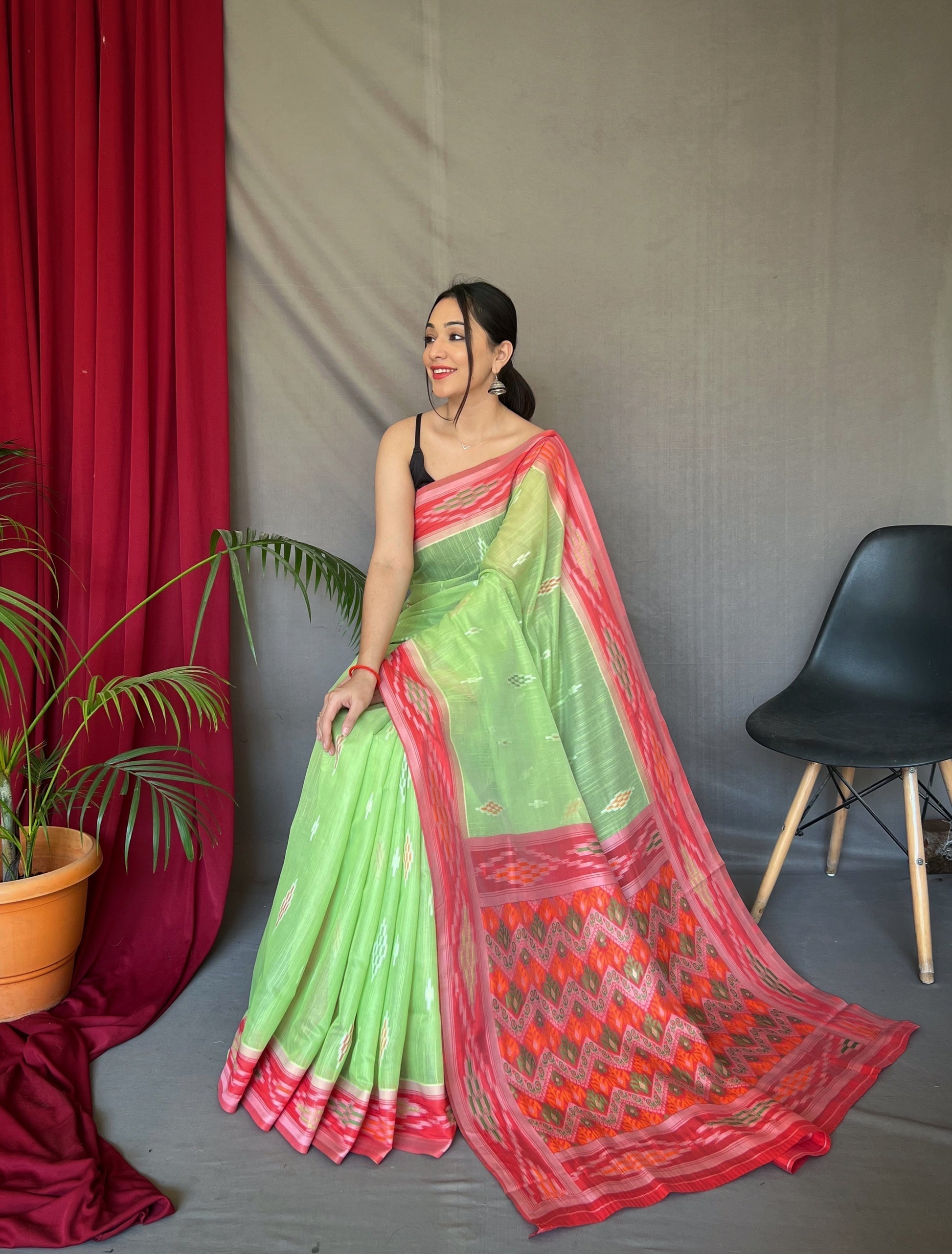 Feijoa Green Ikat Woven Cotton Silk Saree