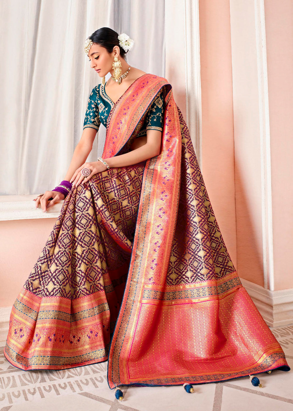 Copper Purple and Blue Zari Woven Banarasi Saree with Designer Blouse