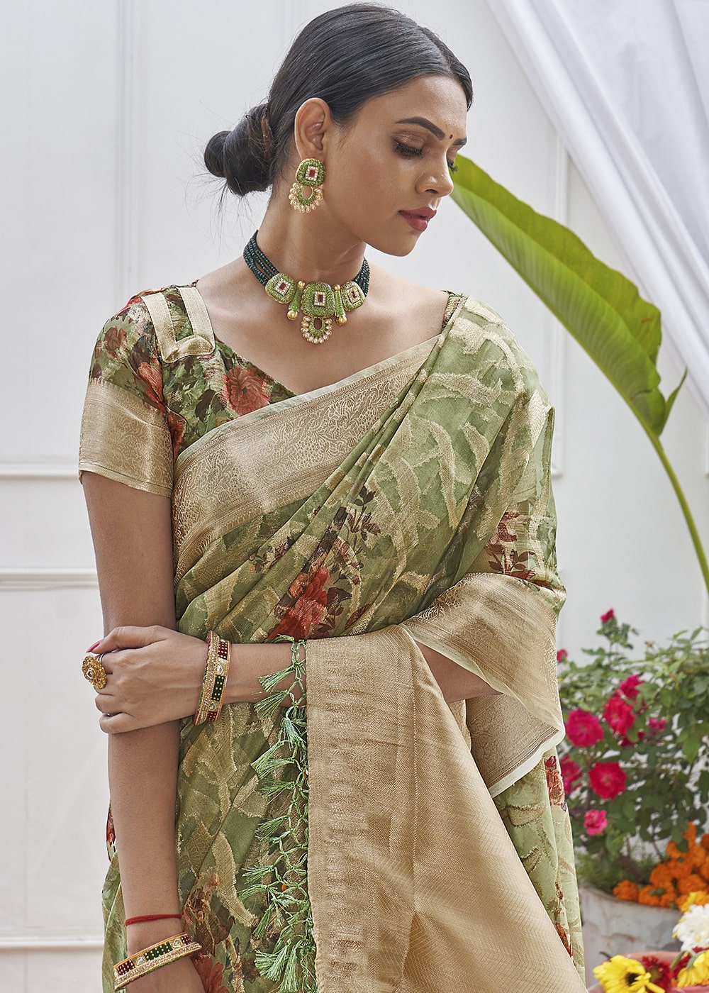 Sage Green Digital Printed Organza Silk Saree