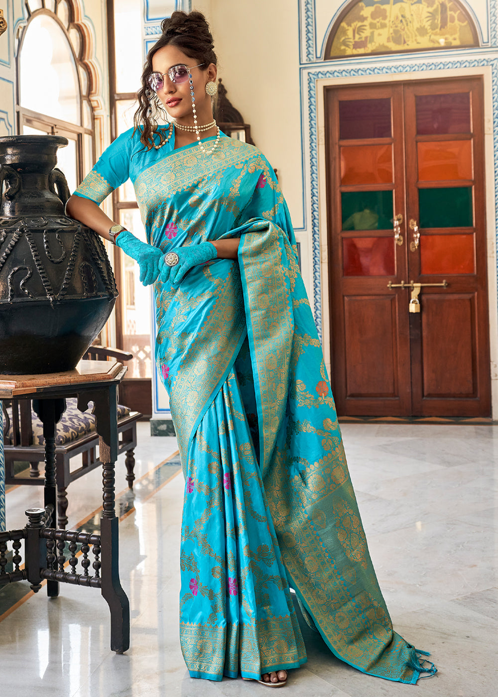 Aquamarine Blue Zari Woven Dola Silk Saree