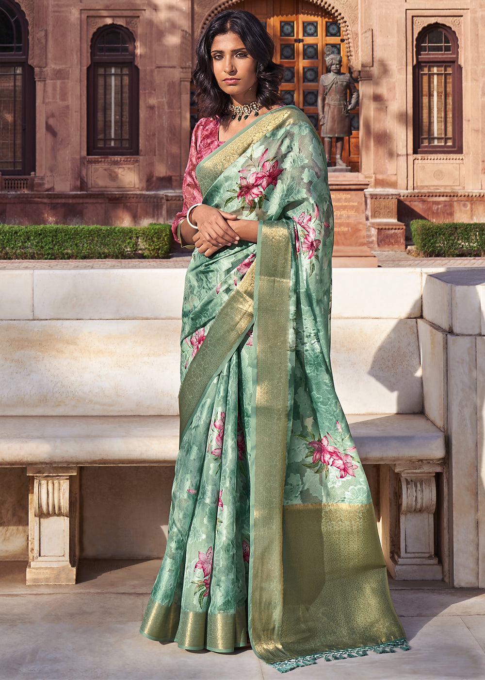 Envy Green Digital Printed Banarasi Cotton Saree