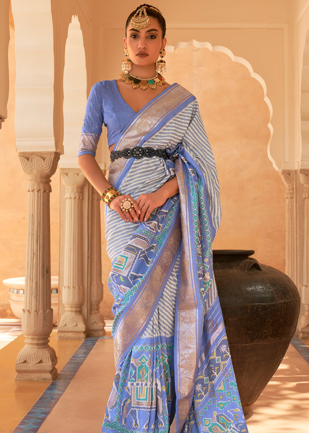 Cove Blue Patola Silk Saree