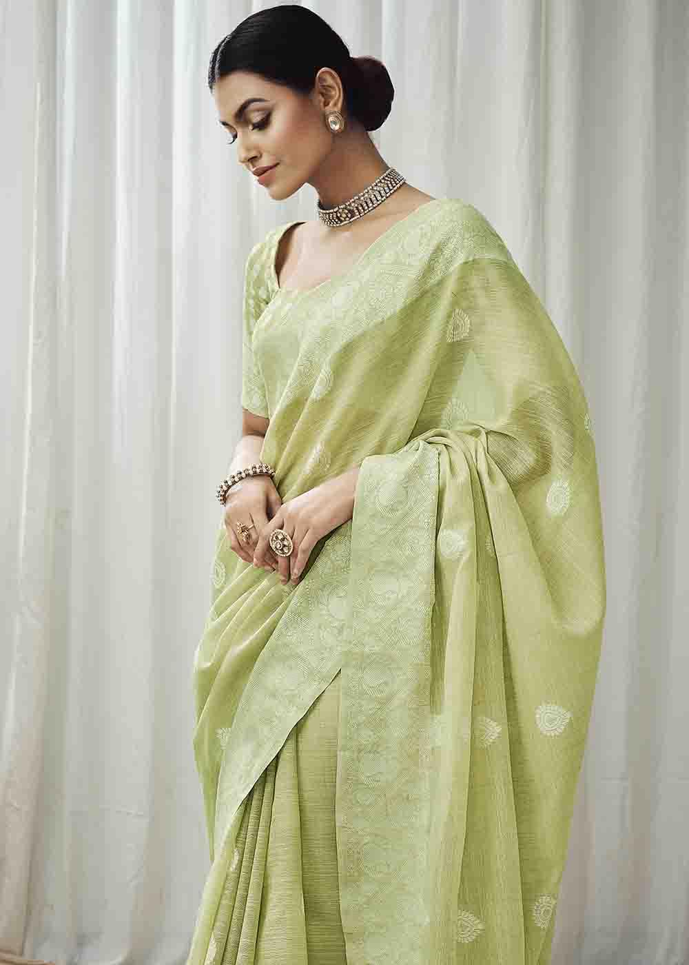 Misty Green Chikankari Linen Saree