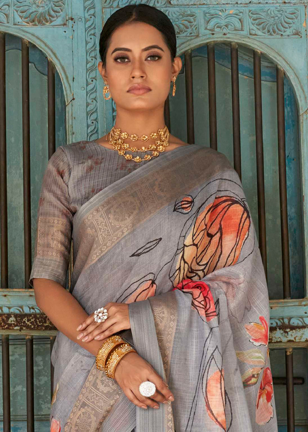 Quick Silver Grey Floral Printed Linen Silk Saree