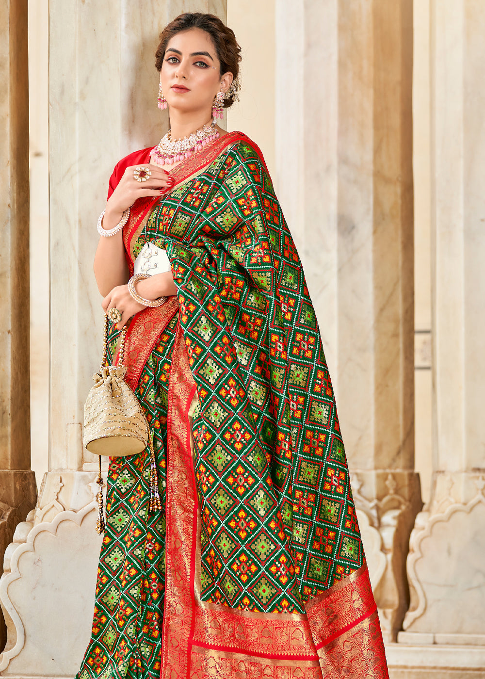 Kelp Green and Red Zari Woven Patola Saree