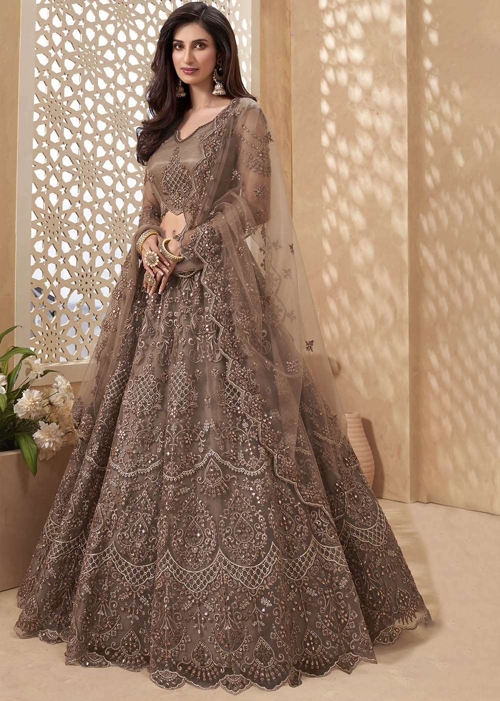 Blast Off Brown Designer Net Lehenga with Multi Thread Embroidery Work